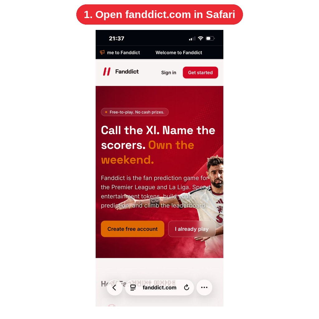Fanddict homepage open in Safari on an iPhone