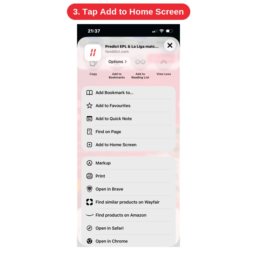 Safari share sheet with the Add to Home Screen option