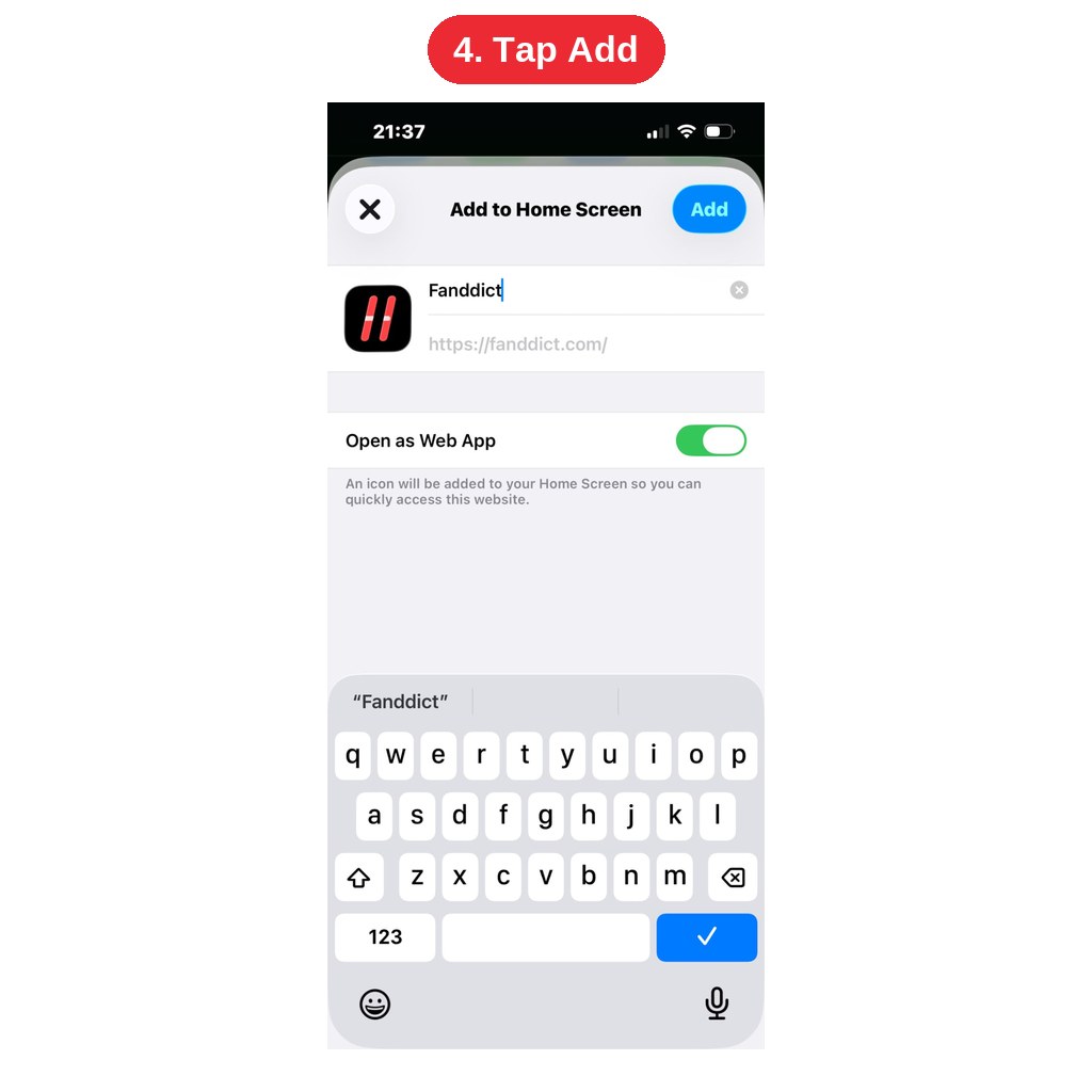 Add to Home Screen dialog showing the Fanddict name and icon
